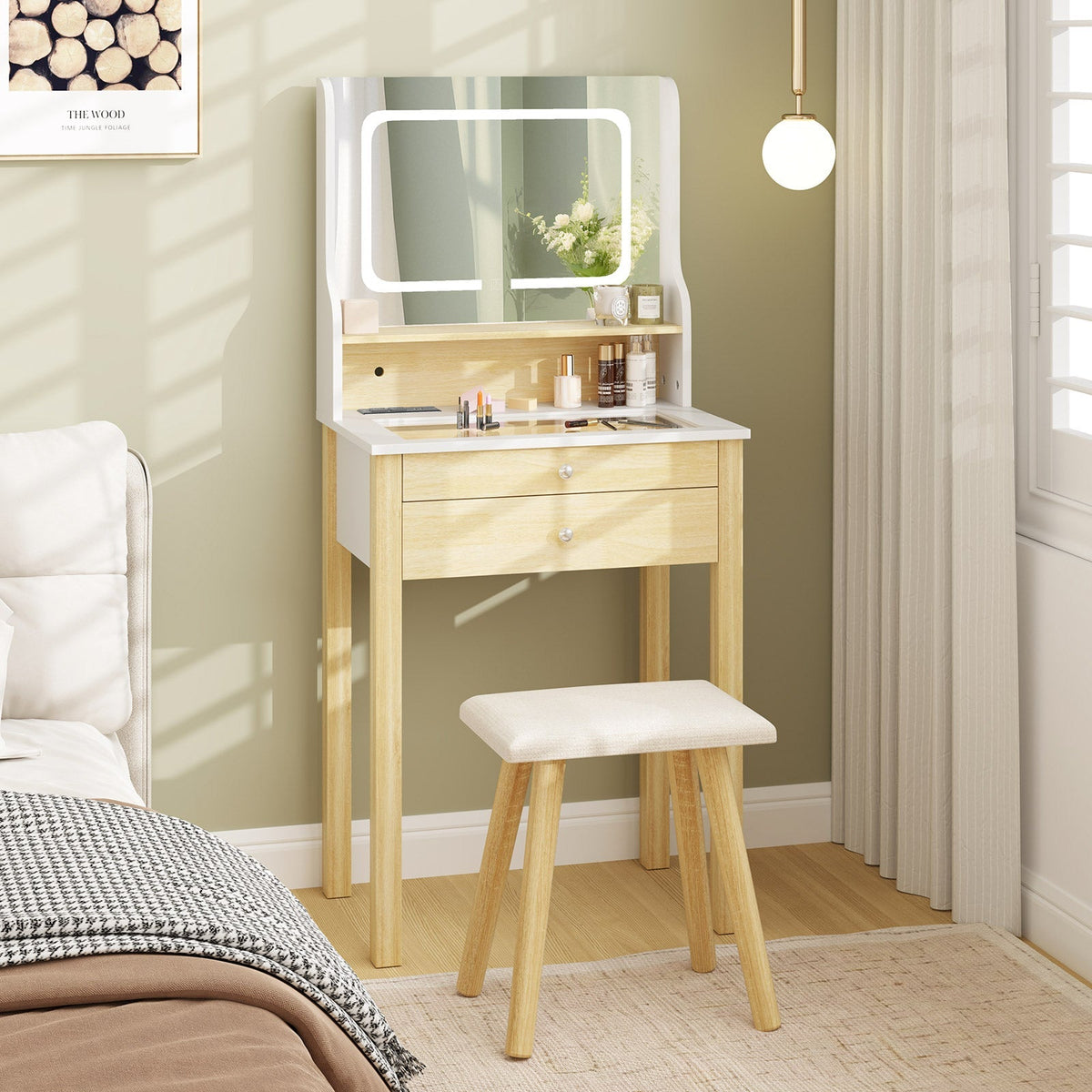Small Vanity Desk Set with Adjustable LED Lighted Mirror and Power Outlets-White