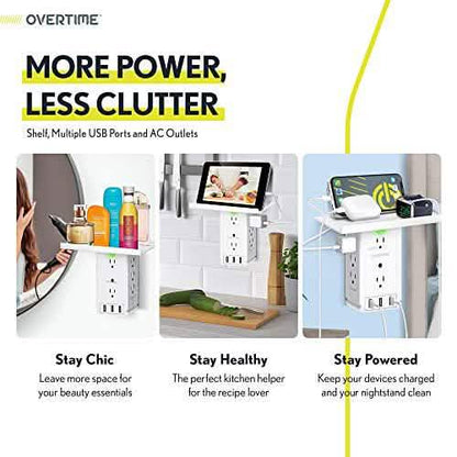Universal Wall Charger and Outlet Shelf, 6x Outlet Extender, Surge Protector, 3x USB Port