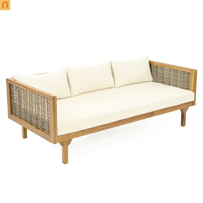 Outdoor Daybed Sofa Acacia Wood Rattan Arms Teak 3-Seater 67.5in