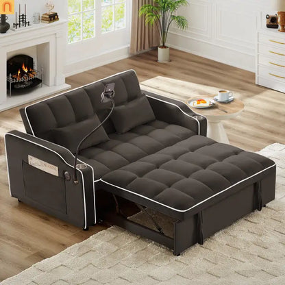 Velvet Brown Sofa Bed 64" Pull-Out USB Cup Holders