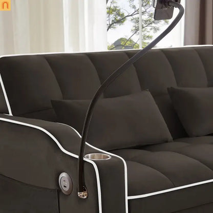 Velvet Brown Sofa Bed 64" Pull-Out USB Cup Holders