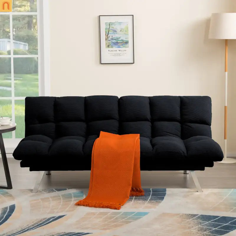 Mattress Foam 2-Seat Sofa Bed Corduroy Black Adjustable 67in