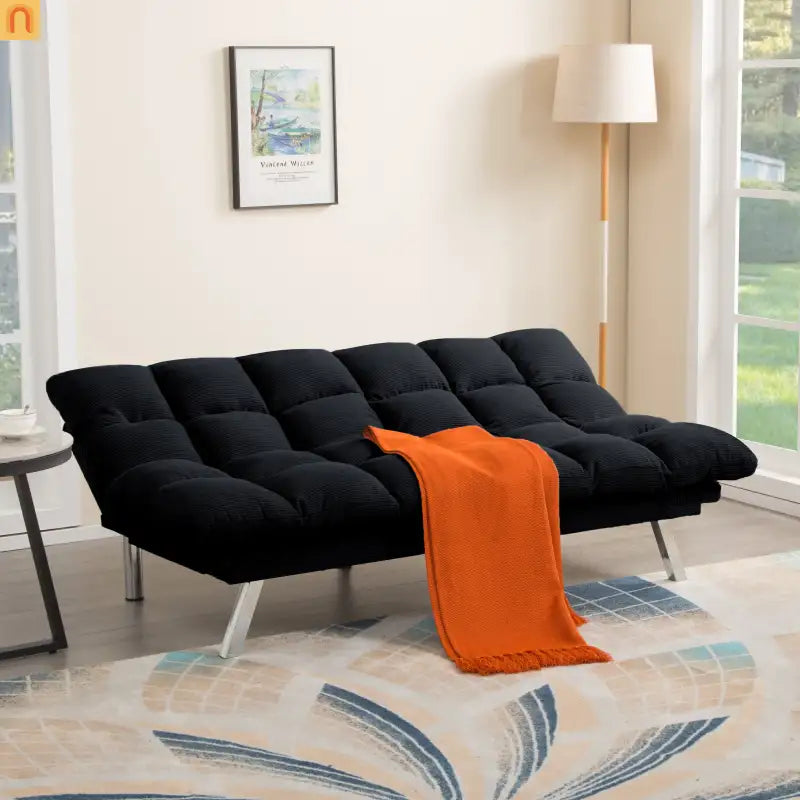 Mattress Foam 2-Seat Sofa Bed Corduroy Black Adjustable 67in