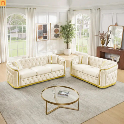 Sofa Chesterfield Velvet Beige 5-Seat Gold Accents 2-Piece