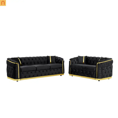 Loveseat Chesterfield Velvet Black Tufted Gold Steel Accents