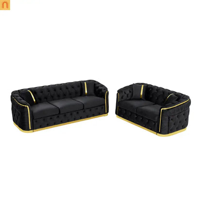 Loveseat Chesterfield Velvet Black Tufted Gold Steel Accents