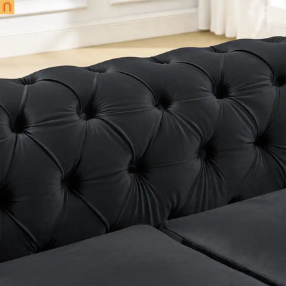 Loveseat Chesterfield Velvet Black Tufted Gold Steel Accents