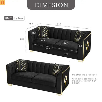 Sofa Mid-Century Velvet Black 3-Seat Gold Hardware 81in