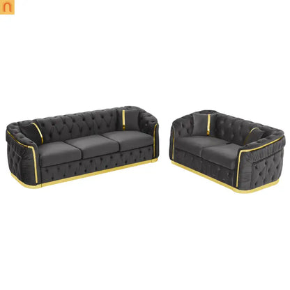 Sofa Chesterfield Velvet Gray 5-Seat Tufted Gold Accents