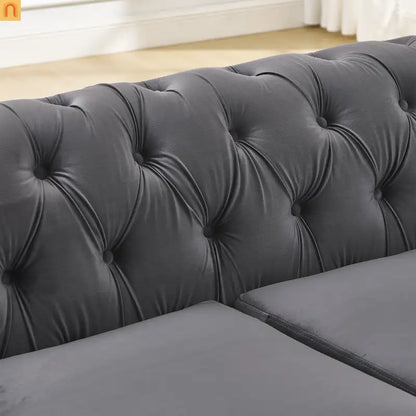 Sofa Chesterfield Velvet Gray 5-Seat Tufted Gold Accents