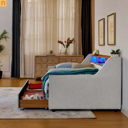 Sofa Bed Twin Linen Beige Storage Drawers LED RGB Wireless Charge