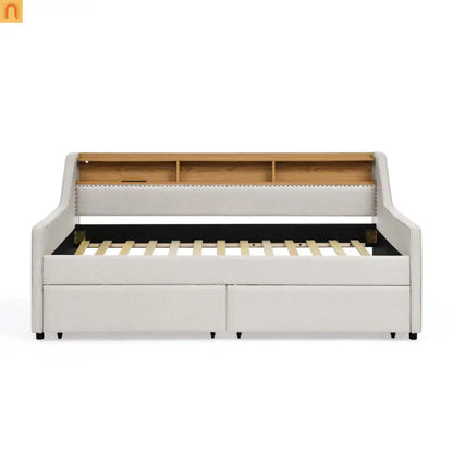 Sofa Bed Twin Linen Beige Storage Drawers LED RGB Wireless Charge