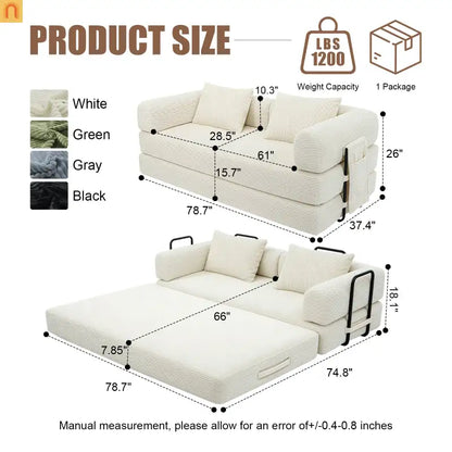 Sofa Bed Convertible Corduroy Beige 3-Seat Foldable Sleeper 78in