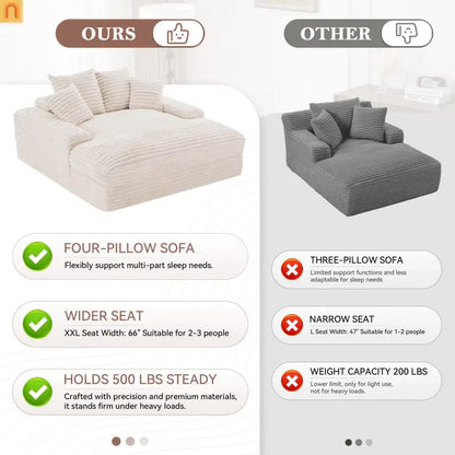 Sofa Chaise Corduroy Beige Queen Sleeper 500 lb No Assembly