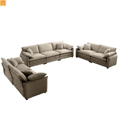 Sofa Set Deep Seat Corduroy Tan 7-Seat 3-Piece Retro Style