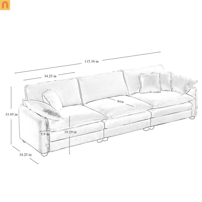 Sofa Set Deep Seat Corduroy Tan 7-Seat 3-Piece Retro Style