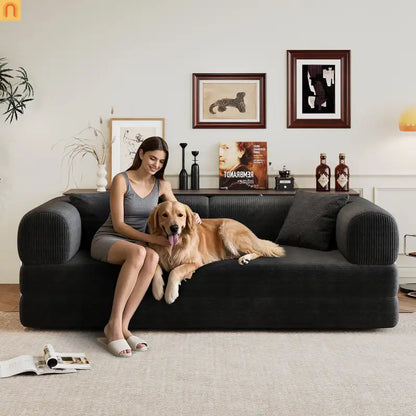 Sofa Convertible Corduroy Black Modular 78in No Assembly