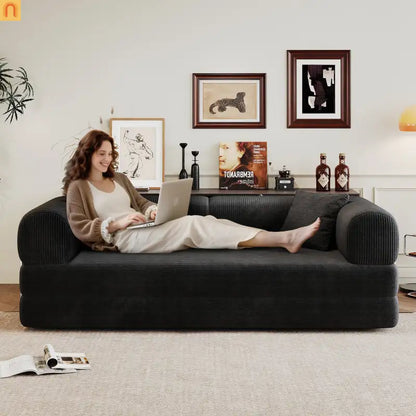 Sofa Convertible Corduroy Black Modular 78in No Assembly