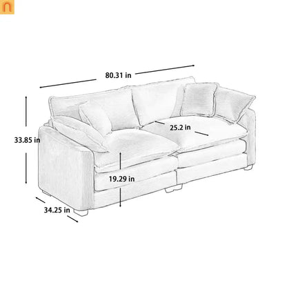 Sofa Set Corduroy Beige Deep Seat 2-Piece Retro Modern