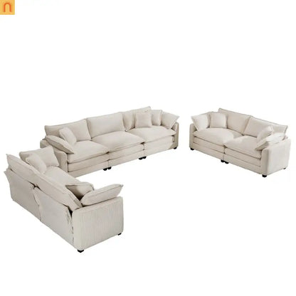 Sofa Set Corduroy Beige Deep Seat 2-Piece Retro Modern