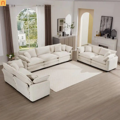Sofa Set Corduroy Beige Deep Seat 2-Piece Retro Modern