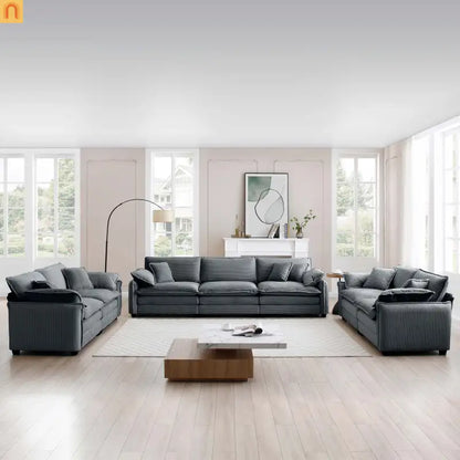 Sofa Set Deep Seat Corduroy Gray 7-Seat 3-Piece Retro Style