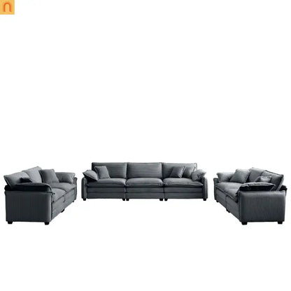Sofa Set Deep Seat Corduroy Gray 7-Seat 3-Piece Retro Style