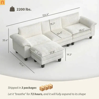Sofa L-Shape Corduroy Beige 4-Seat with Ottoman 124.4in