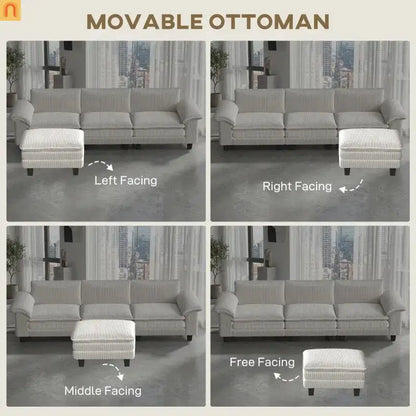 Sofa L-Shape Corduroy Beige 4-Seat with Ottoman 124.4in