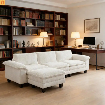 Sofa L-Shape Corduroy Beige 4-Seat with Ottoman 124.4in
