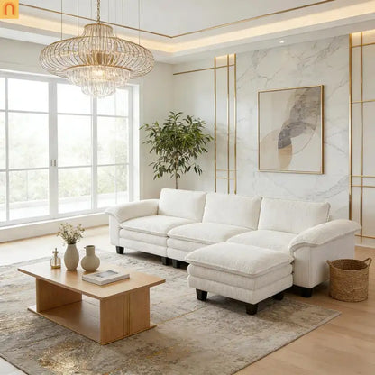 Sofa L-Shape Corduroy Beige 4-Seat with Ottoman 124.4in
