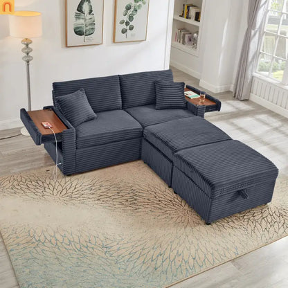 Sofa L-Shape Corduroy Dark Gray USB Charging Storage Ottoman