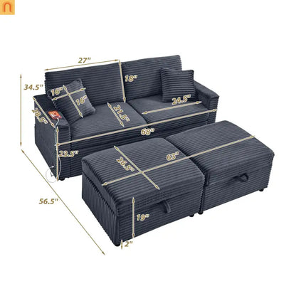Sofa L-Shape Corduroy Dark Gray USB Charging Storage Ottoman