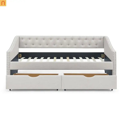 Daybed Twin Linen Beige Button Tufted Drawers 500 lb