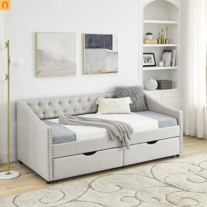 Daybed Twin Linen Beige Button Tufted Drawers 500 lb
