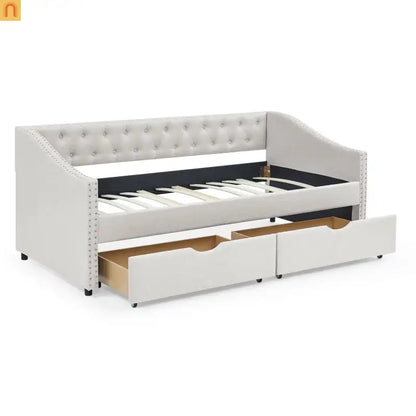 Daybed Twin Linen Beige Button Tufted Drawers 500 lb
