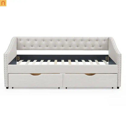 Daybed Twin Linen Beige Button Tufted Drawers 500 lb