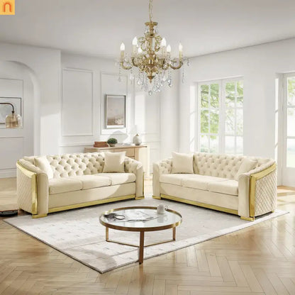 Loveseat Chesterfield Velvet Beige Tufted Gold Steel Accents