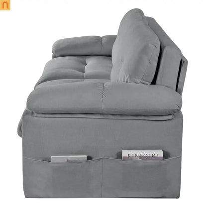 Sofa Bed Convertible Chenille Gray Queen Sleeper Storage Pockets 71in