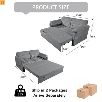 Sofa Bed Convertible Chenille Gray Queen Sleeper Storage Pockets 71in