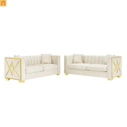 Sofa Mid-Century Velvet Beige 3-Seat Gold Hardware 81in