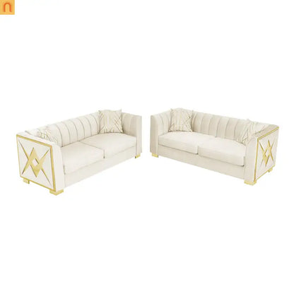 Sofa Mid-Century Velvet Beige 3-Seat Gold Hardware 81in