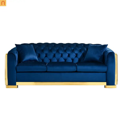 Sofa Chesterfield Velvet Navy 2-Piece Tufted Gold Accents
