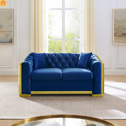 Sofa Chesterfield Velvet Navy 2-Piece Tufted Gold Accents