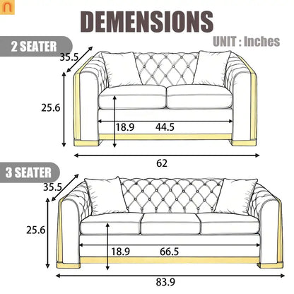 Sofa Chesterfield Velvet Navy 2-Piece Tufted Gold Accents