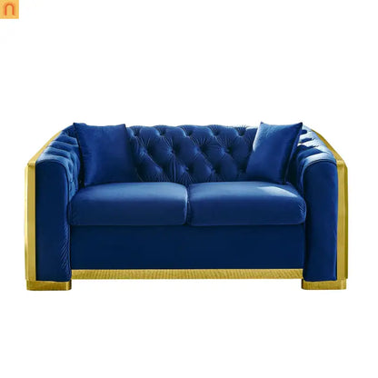 Sofa Chesterfield Velvet Navy 2-Piece Tufted Gold Accents