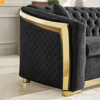 Sofa Chesterfield Velvet Black 2-Piece Tufted Gold Accents