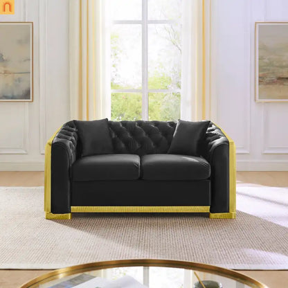 Sofa Chesterfield Velvet Black 2-Piece Tufted Gold Accents