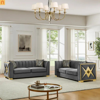 Sofa Mid-Century Velvet Gray 3-Seat Gold Hardware 81in