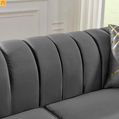 Sofa Mid-Century Velvet Gray 3-Seat Gold Hardware 81in